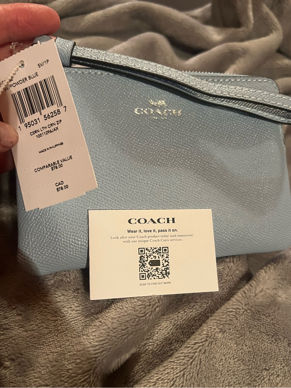 Coach Powder Blue Leather Corner Zip Wristlet, new with tags